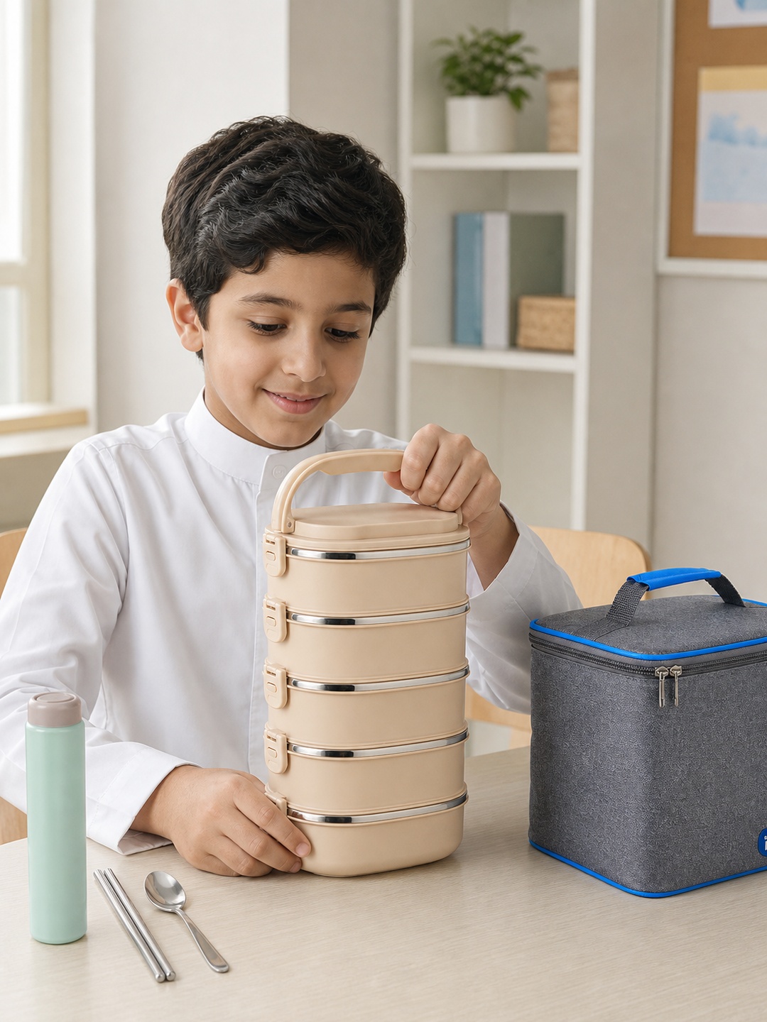 Khaki 5-Tier 4500ml Stainless Steel Bento Box with Bag and Utensils