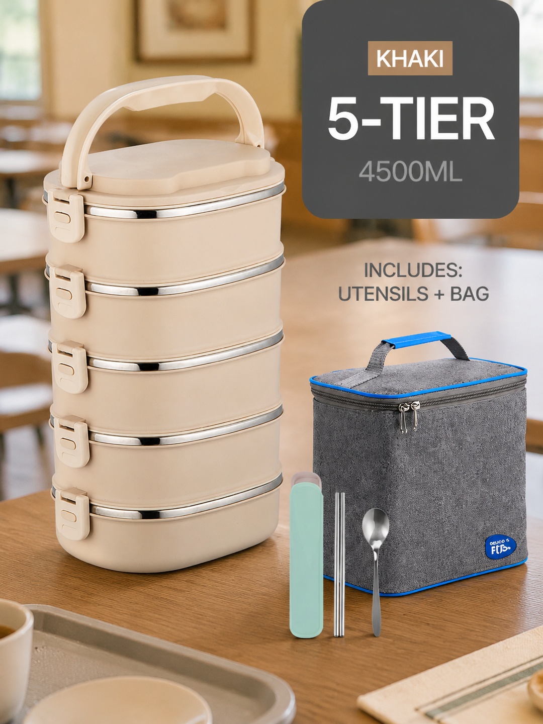 Khaki 5-Tier 4500ml Stainless Steel Bento Box with Bag and Utensils