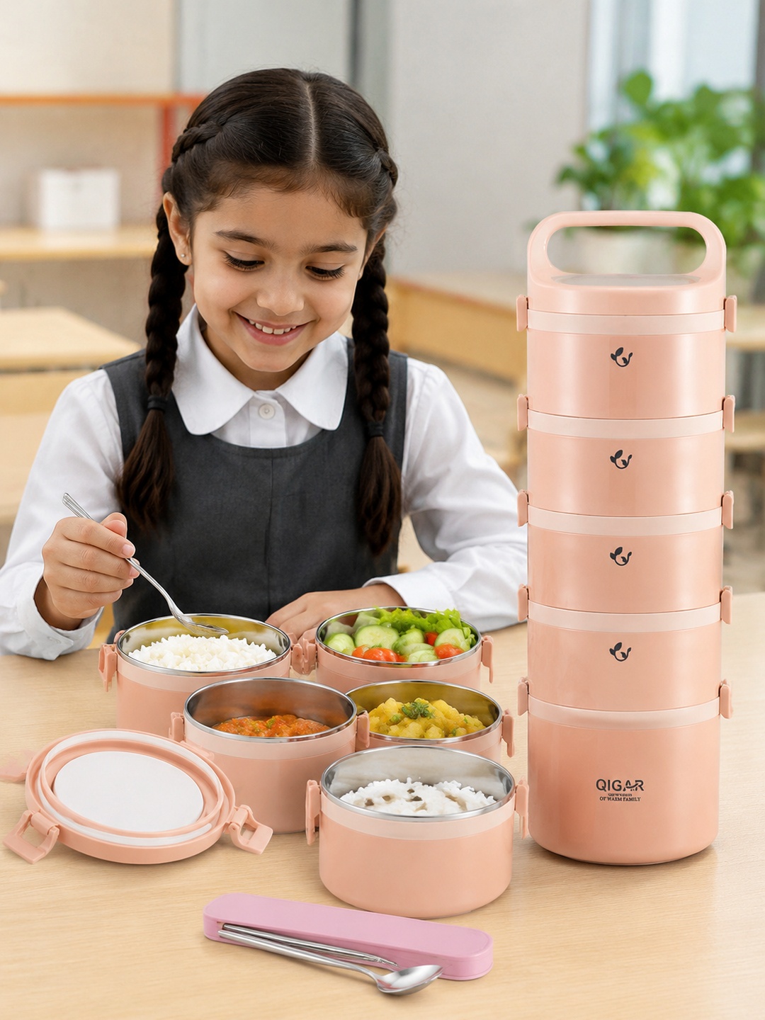 Pink 5-Tier Insulated Stainless Steel Lunch Box, 3650 mL
