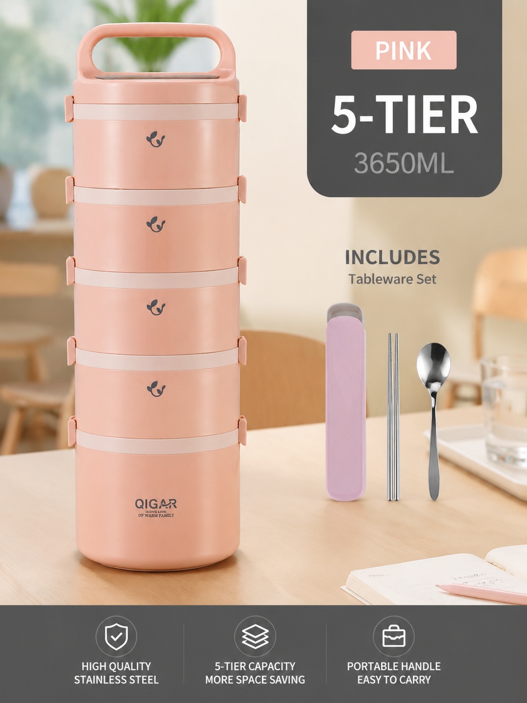 Pink 5-Tier Insulated Stainless Steel Lunch Box, 3650 mL