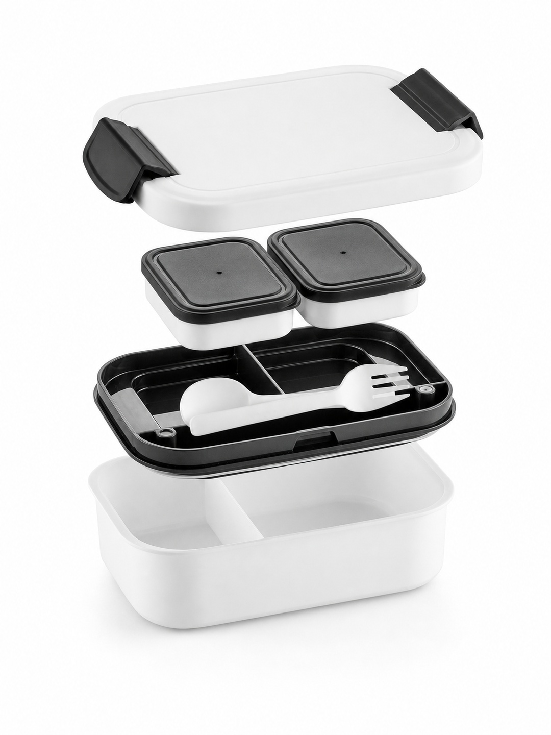 Black and White Double-Layer Divided Lunch Box with Utensil