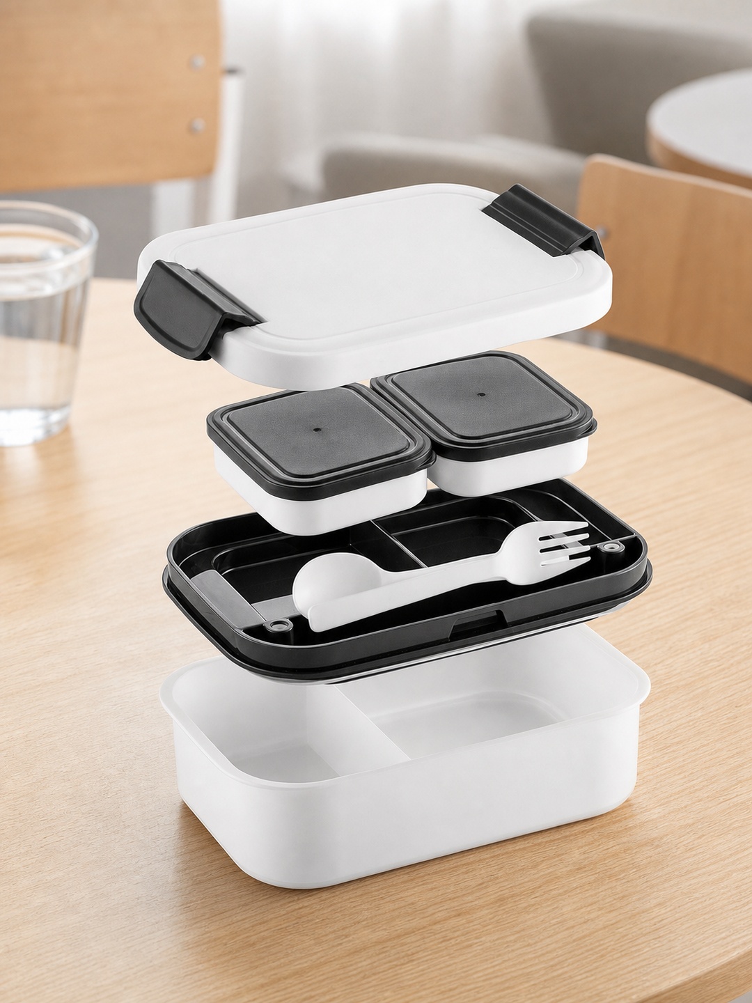 Black and White Double-Layer Divided Lunch Box with Utensil