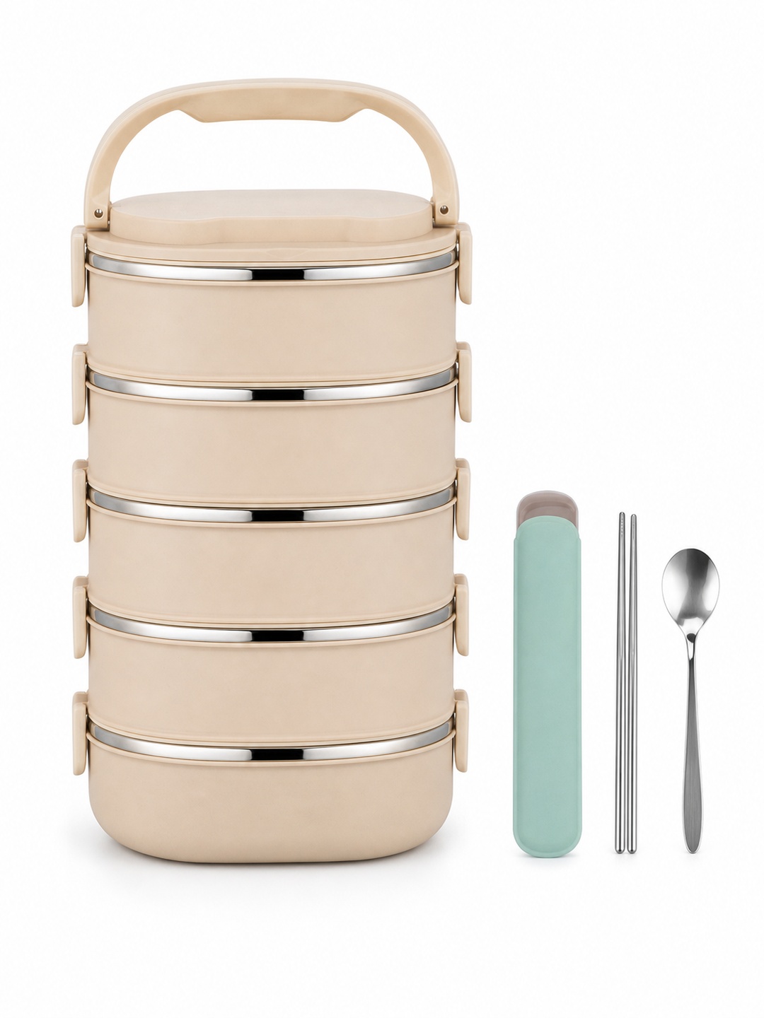 Beige 5-Tier Stainless Steel Insulated Bento Lunch Box with Cutlery