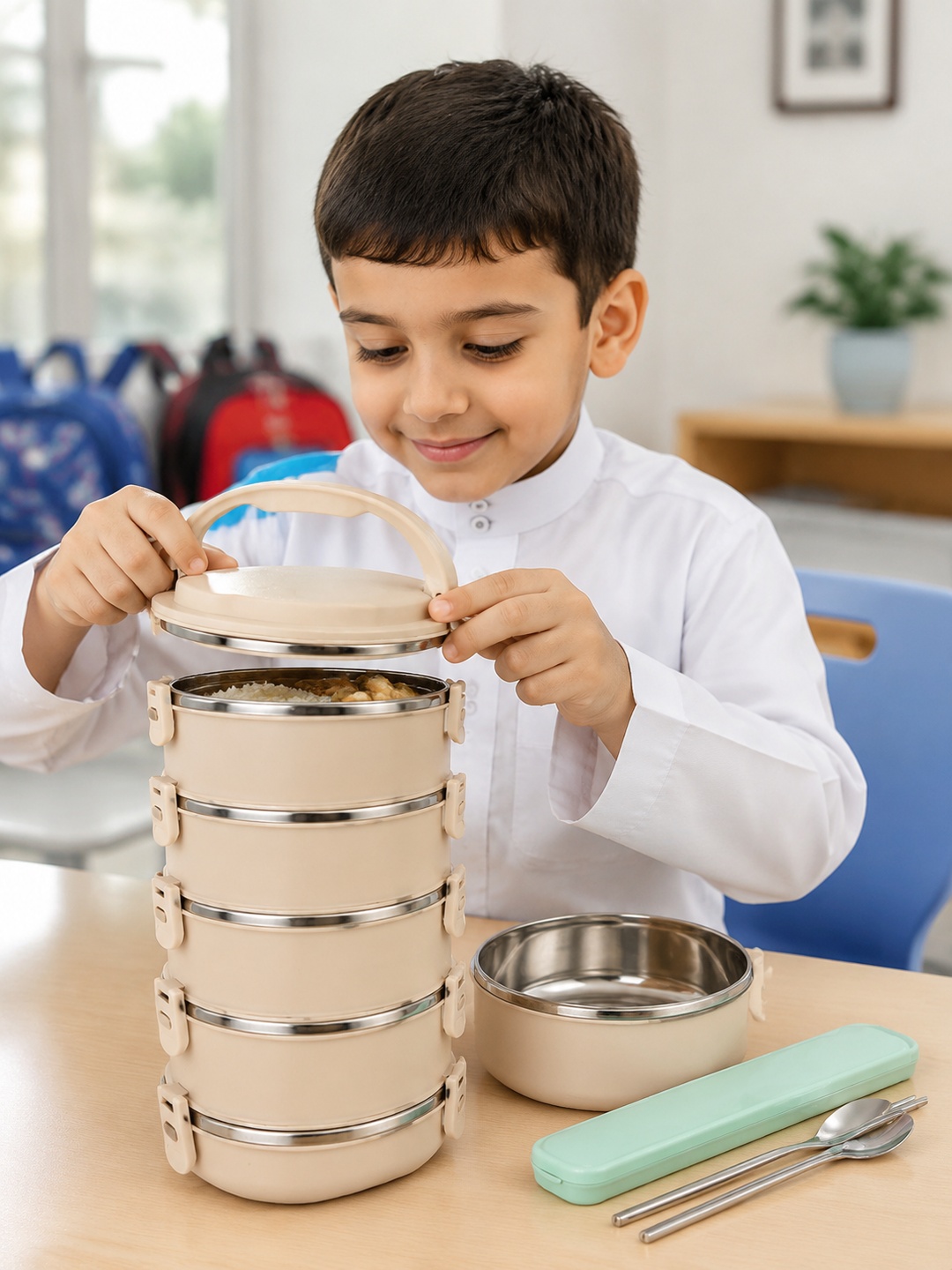 Beige 5-Tier Stainless Steel Insulated Bento Lunch Box with Cutlery