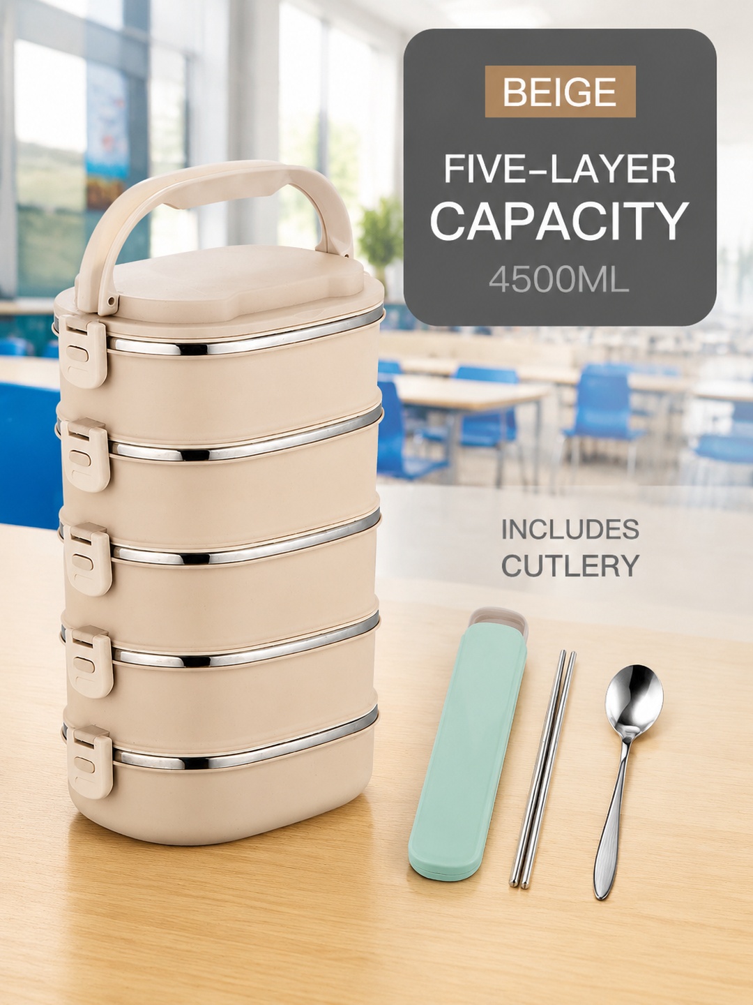 Beige 5-Tier Stainless Steel Insulated Bento Lunch Box with Cutlery