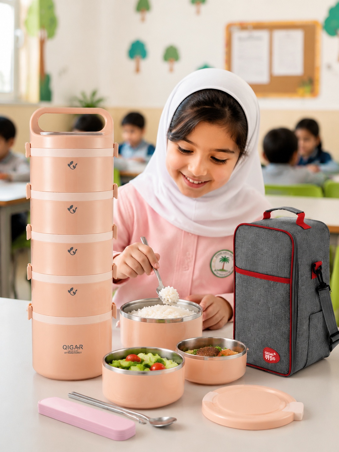 Pink 5-Tier 3650ml Stainless Steel Insulated Lunch Box Set