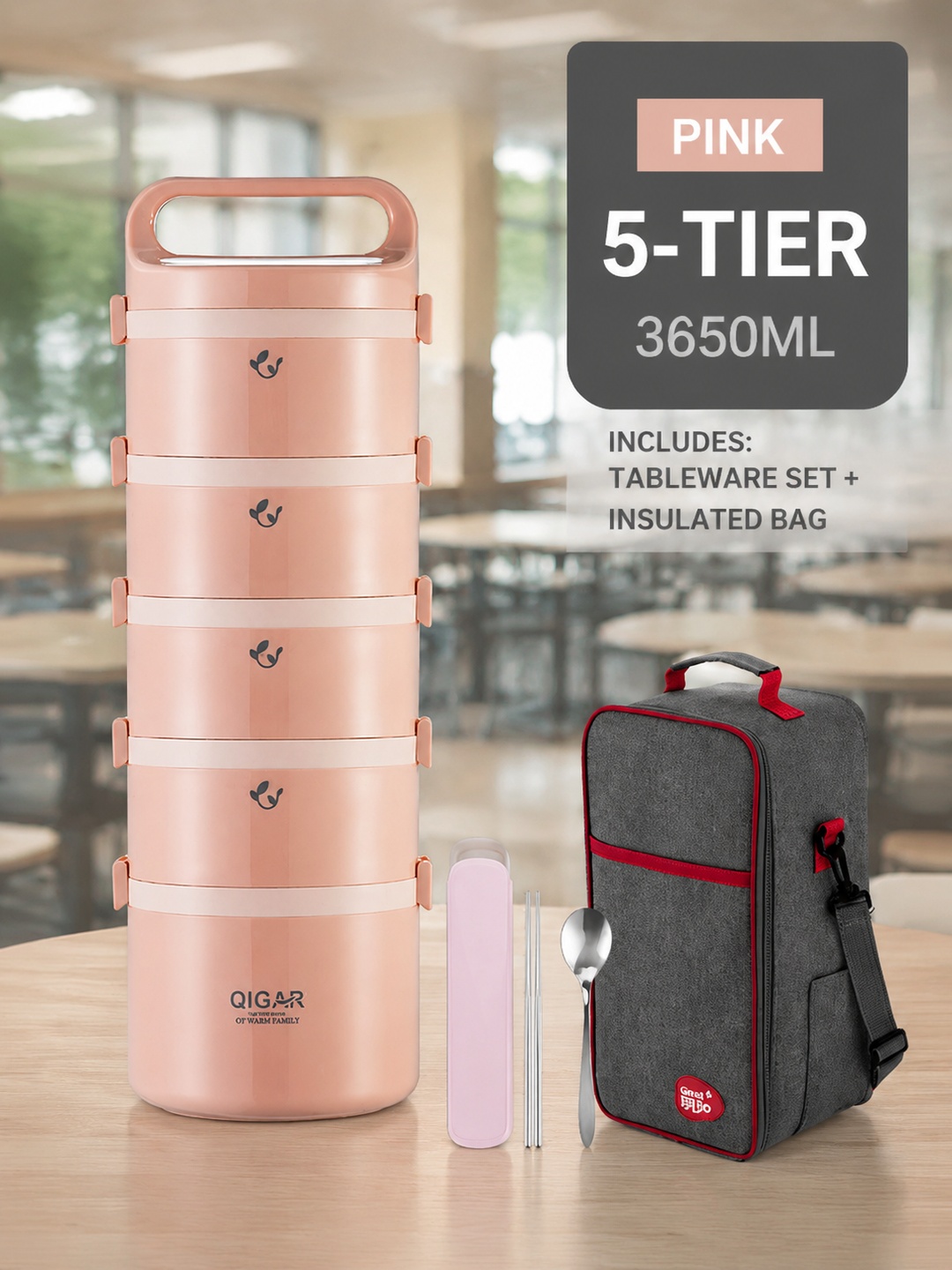 Pink 5-Tier 3650ml Stainless Steel Insulated Lunch Box Set