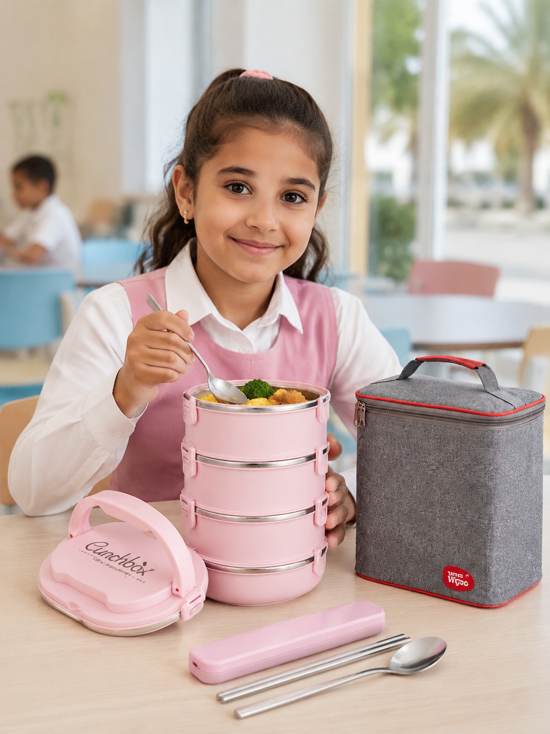 Pink 4-Tier Stainless Steel Bento Lunch Box Set with Insulated Bag