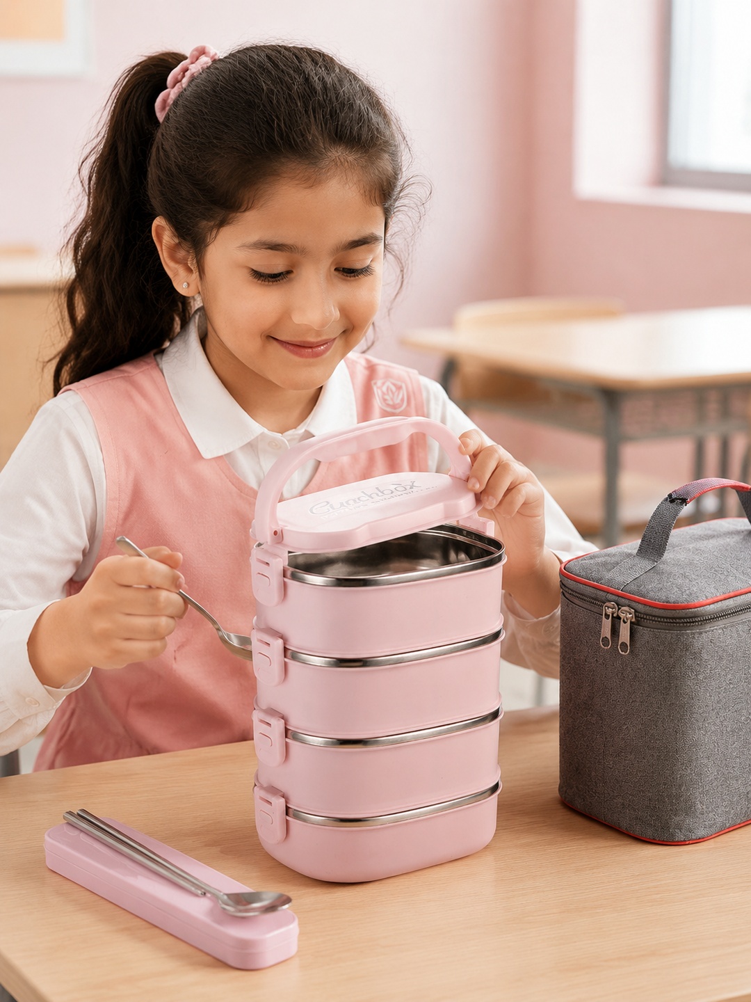 Pink 4-Tier Stainless Steel Bento Lunch Box Set with Insulated Bag