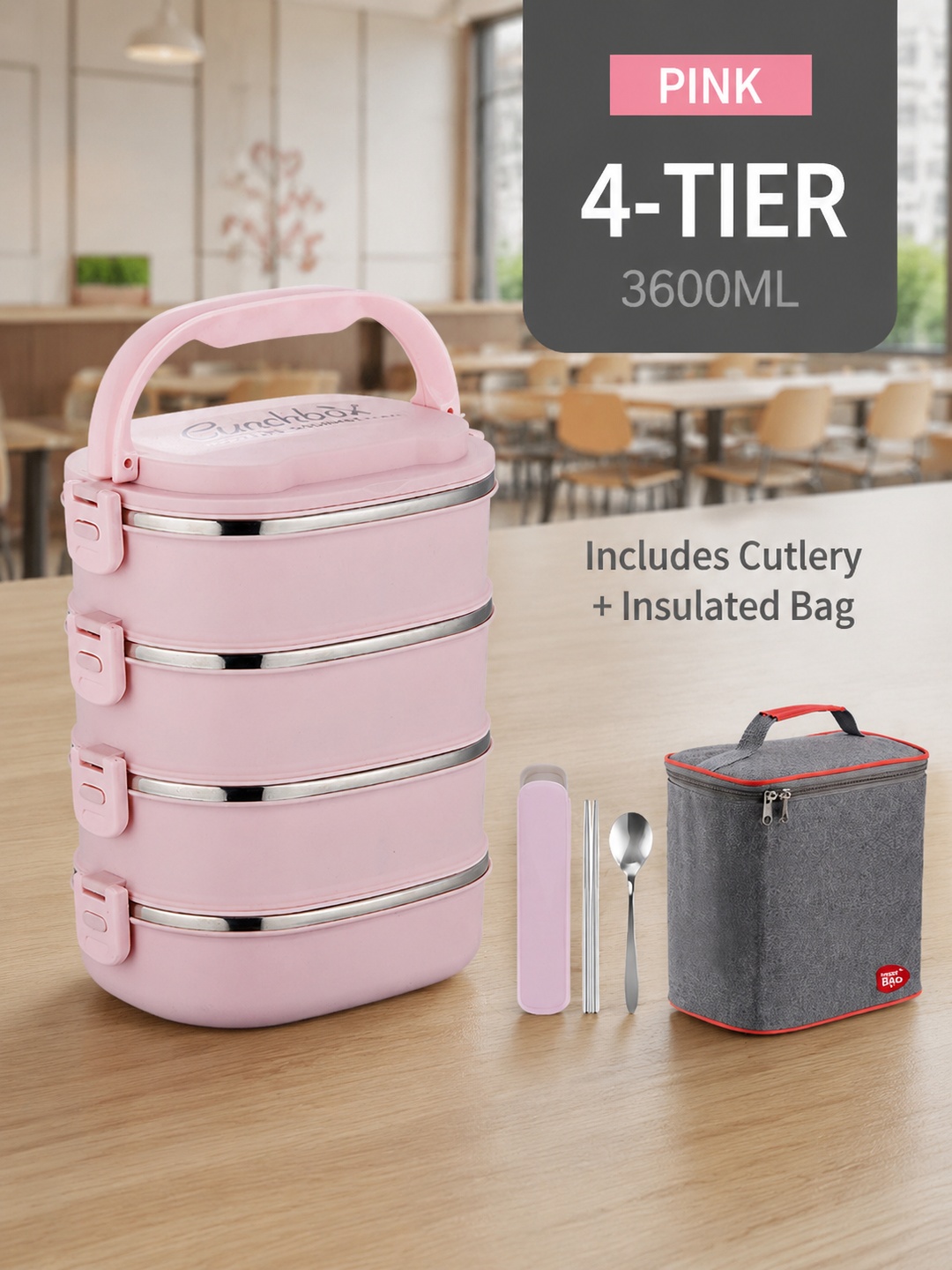 Pink 4-Tier Stainless Steel Bento Lunch Box Set with Insulated Bag