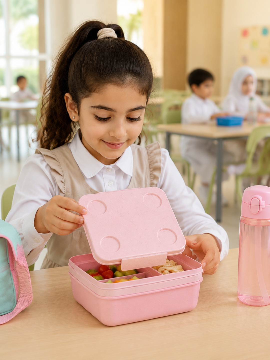 Pink Wheat Straw Double-Layer Compartment Lunch Box, 1250ml
