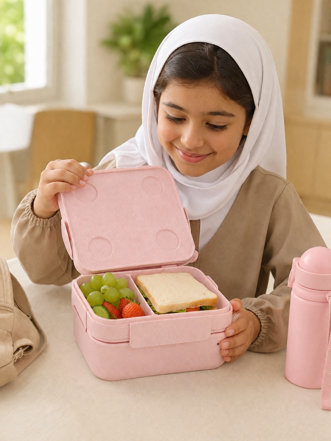 Pink Wheat Straw Double-Layer Compartment Lunch Box, 1250ml