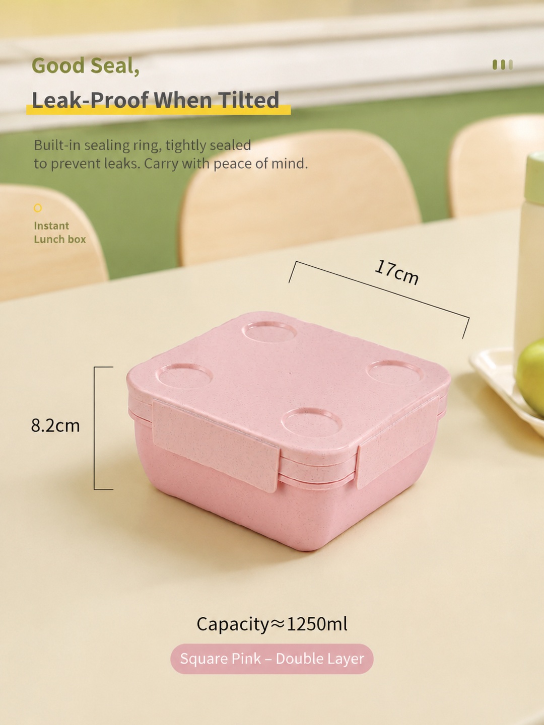 Pink Wheat Straw Double-Layer Compartment Lunch Box, 1250ml