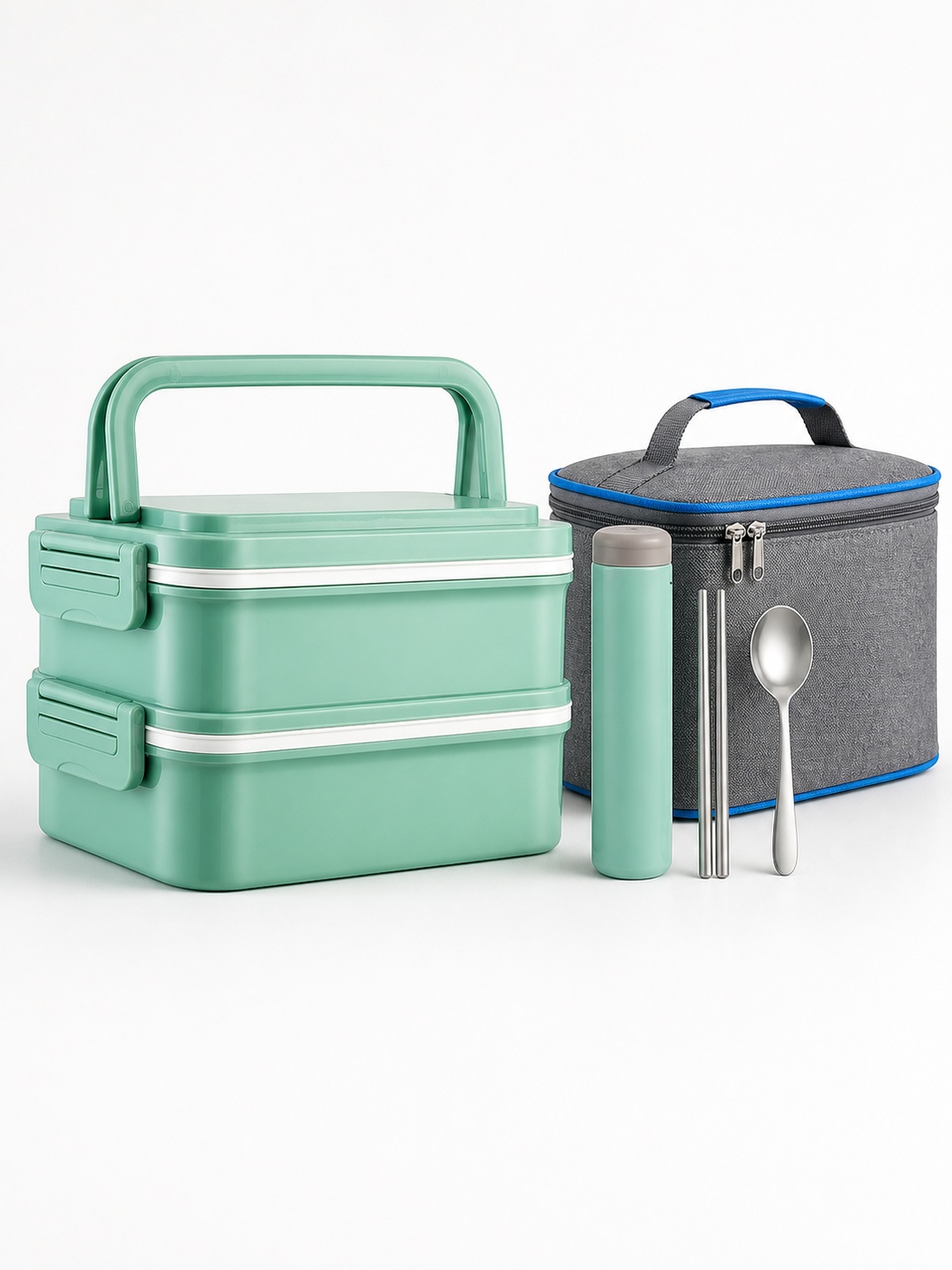 Green 2-Tier 1800ml Lunch Box Set with Utensils and Insulated Bag