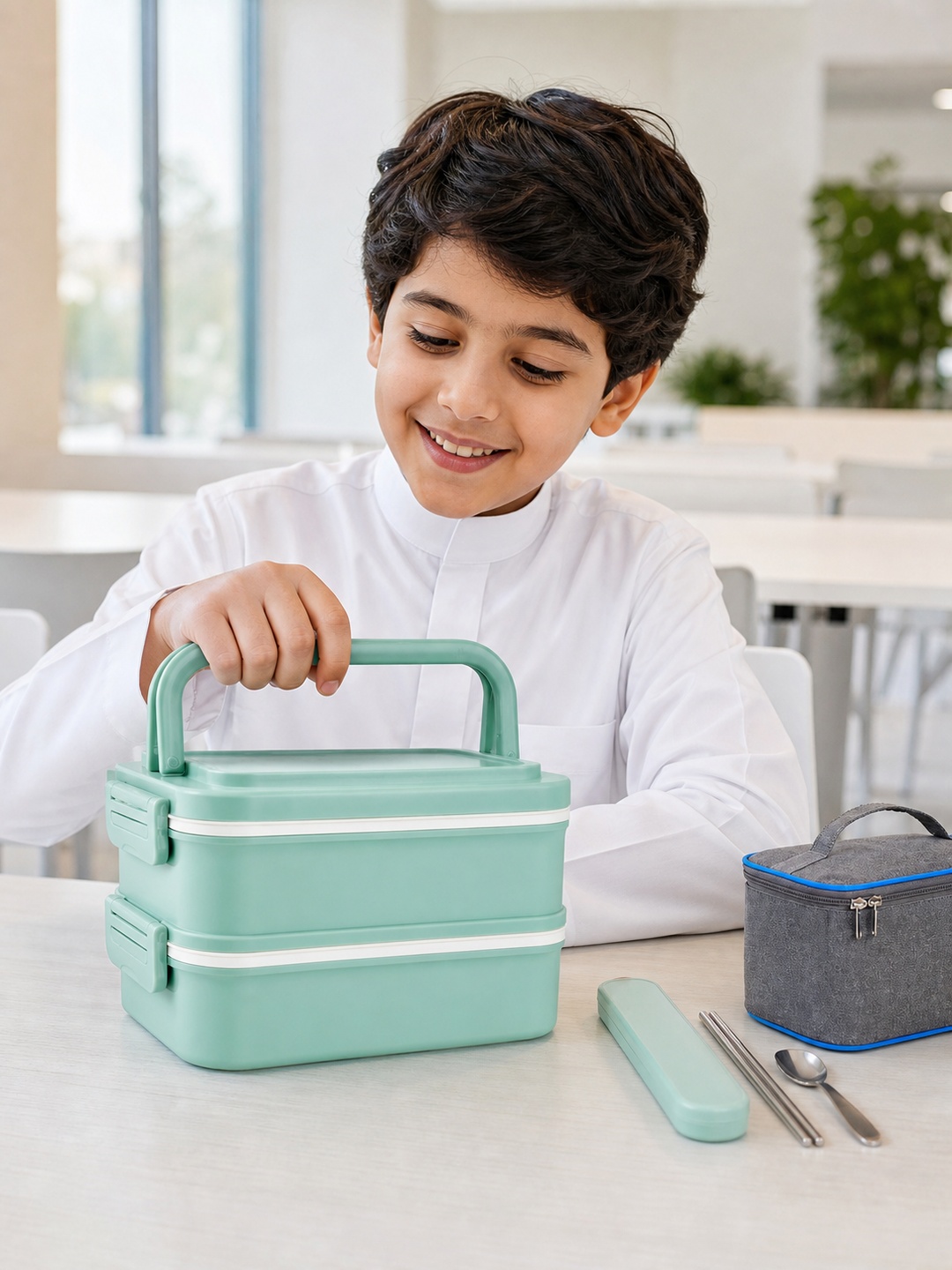 Green 2-Tier 1800ml Lunch Box Set with Utensils and Insulated Bag