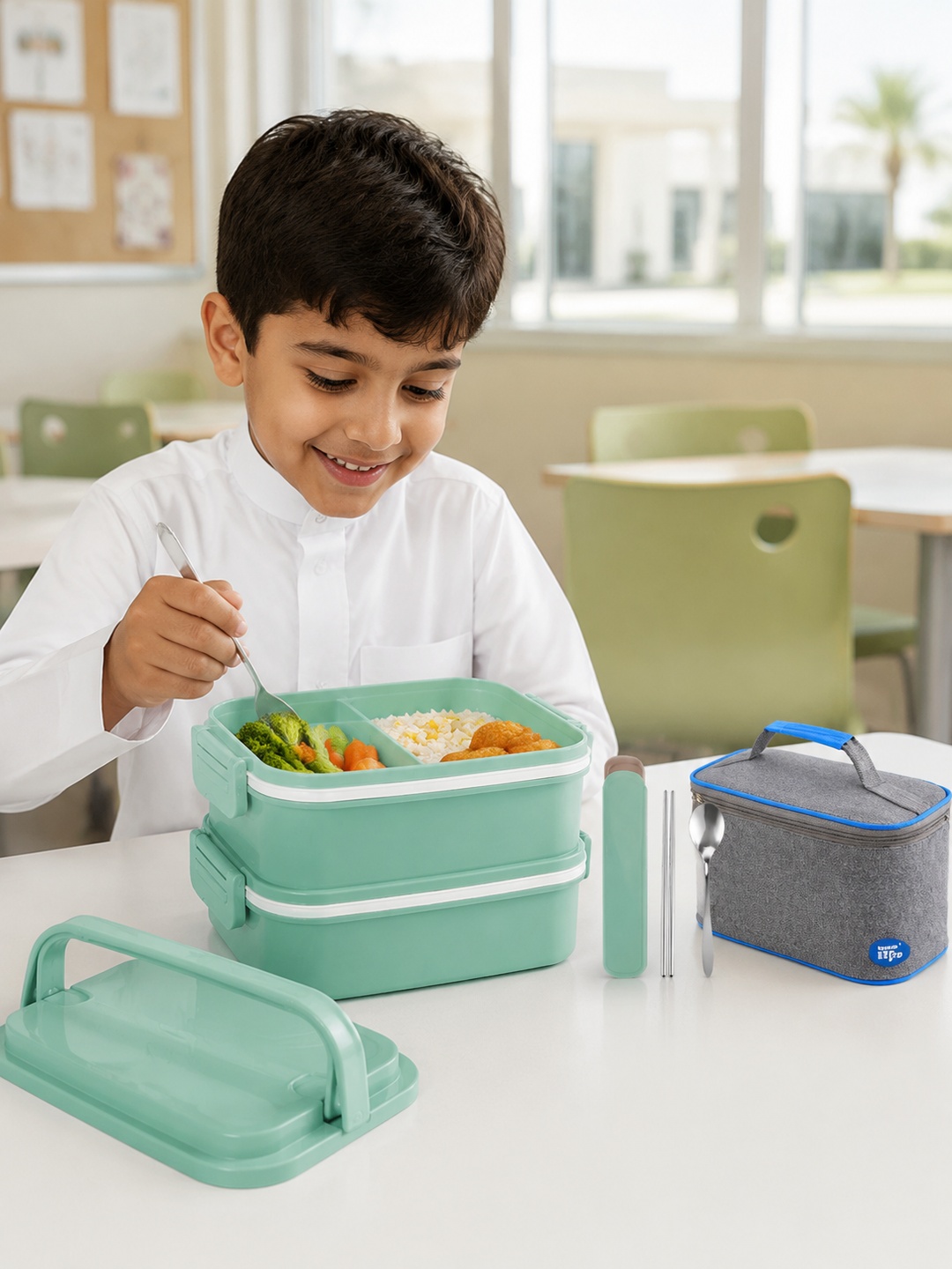 Green 2-Tier 1800ml Lunch Box Set with Utensils and Insulated Bag