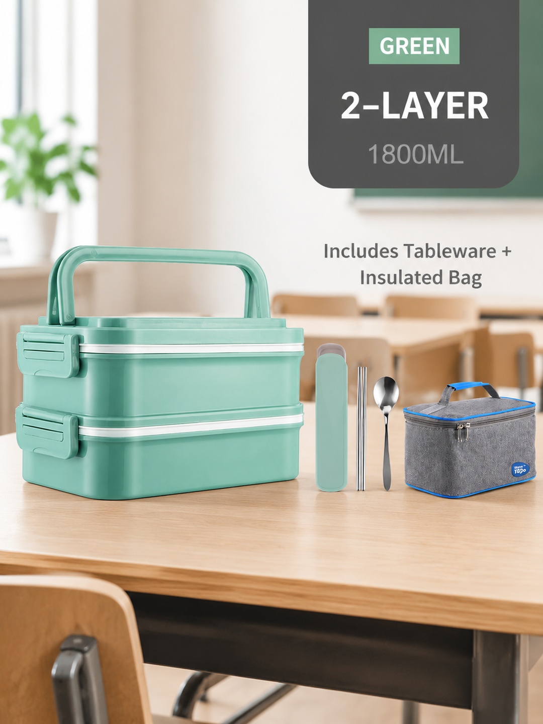 Green 2-Tier 1800ml Lunch Box Set with Utensils and Insulated Bag