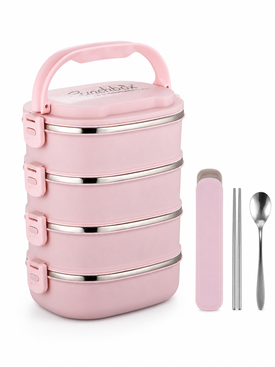 Pink 4-Tier 3600ml Stainless Steel Bento Lunch Box with Cutlery