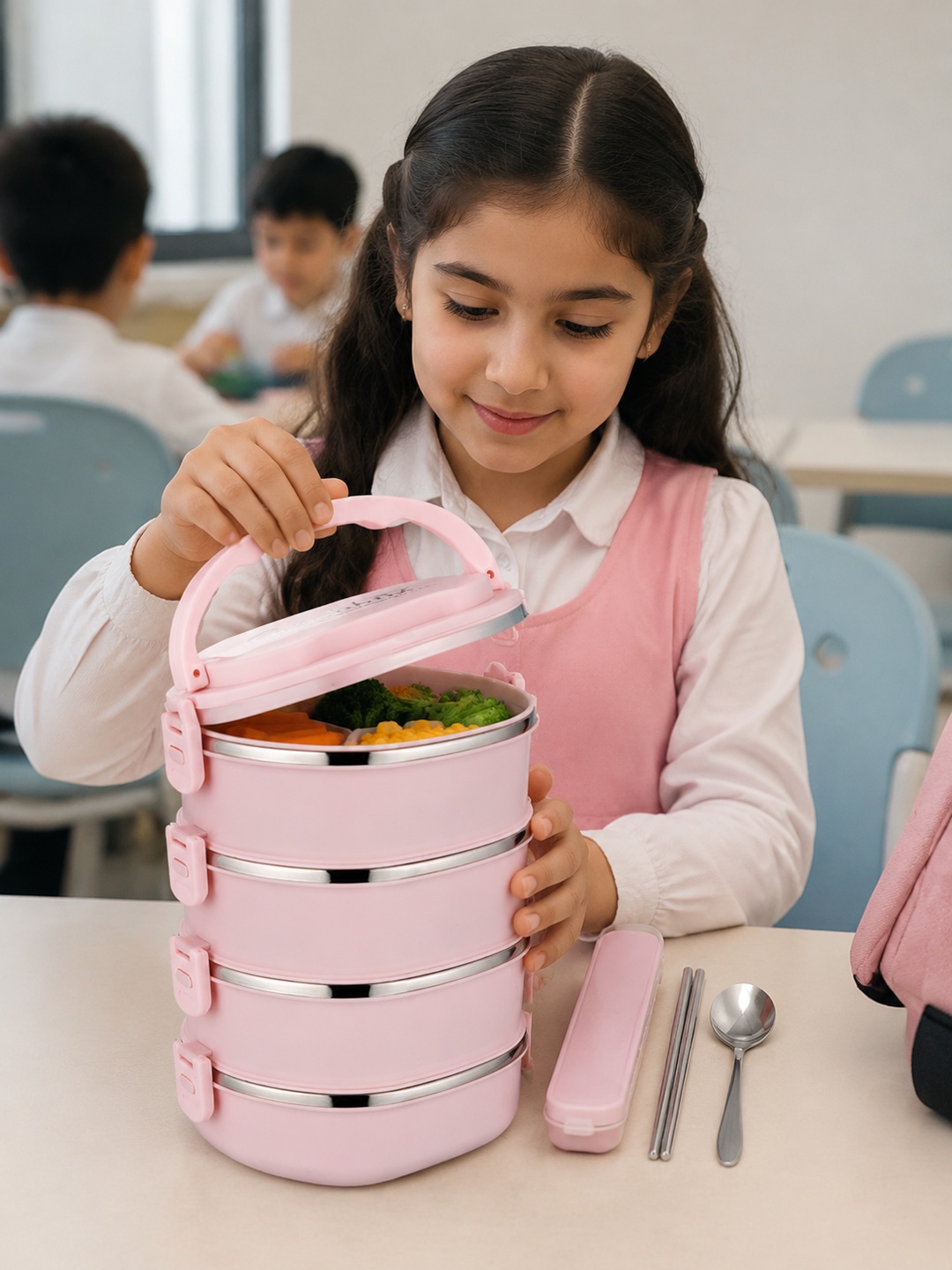 Pink 4-Tier 3600ml Stainless Steel Bento Lunch Box with Cutlery