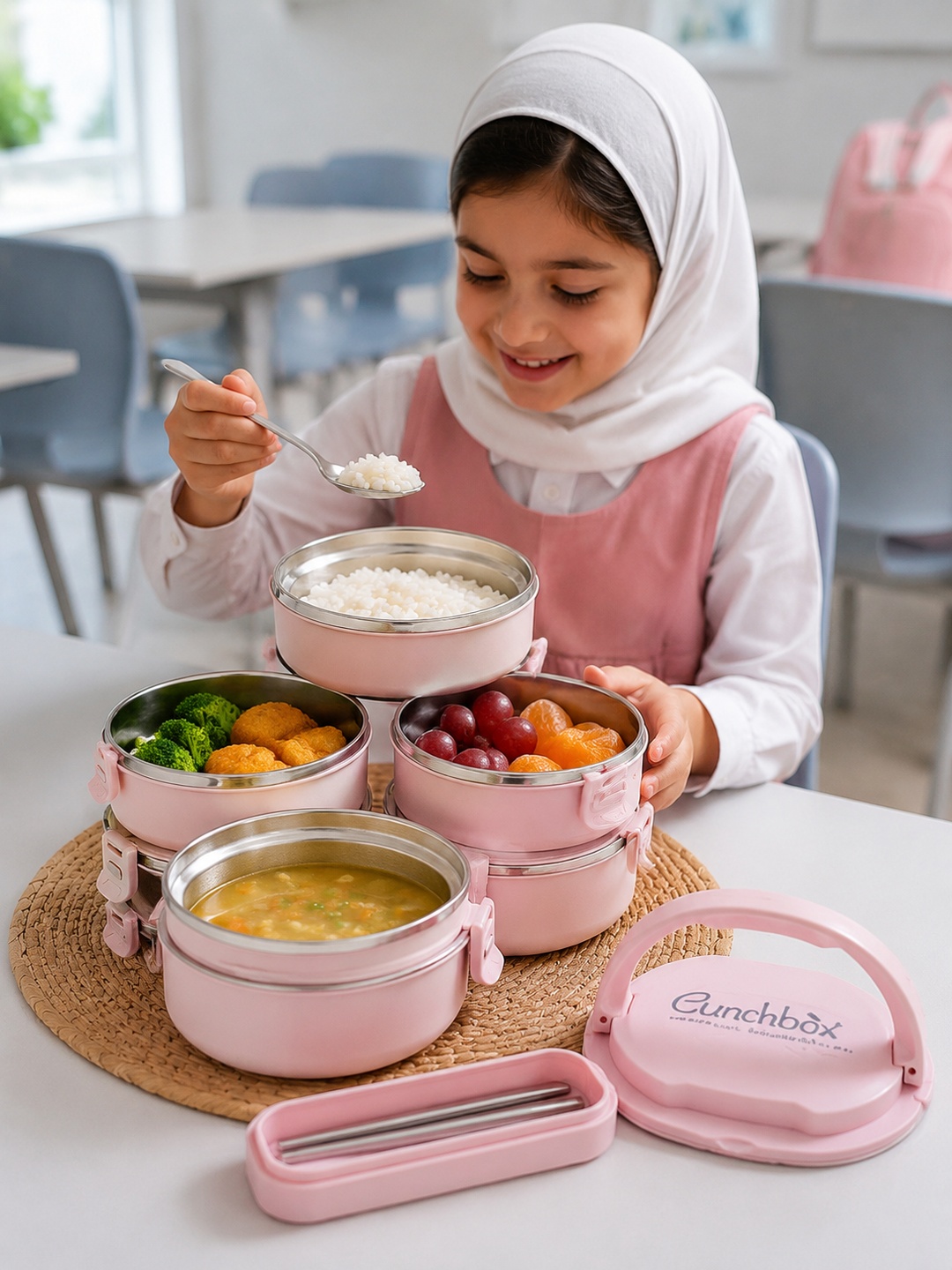 Pink 4-Tier 3600ml Stainless Steel Bento Lunch Box with Cutlery