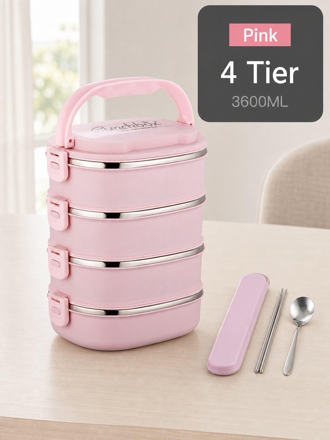 Pink 4-Tier 3600ml Stainless Steel Bento Lunch Box with Cutlery