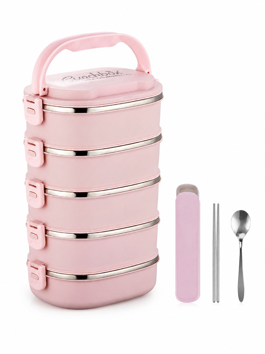 Pink 5-Tier Stainless Steel Bento Lunch Box with Spoon and Chopsticks