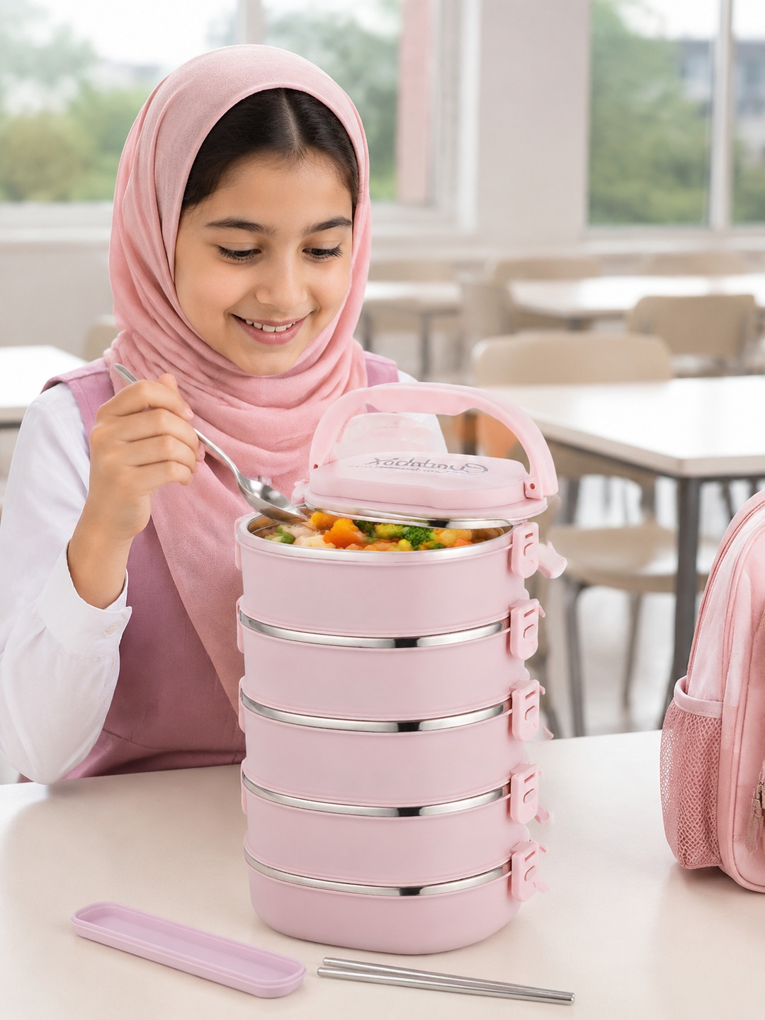 Pink 5-Tier Stainless Steel Bento Lunch Box with Spoon and Chopsticks