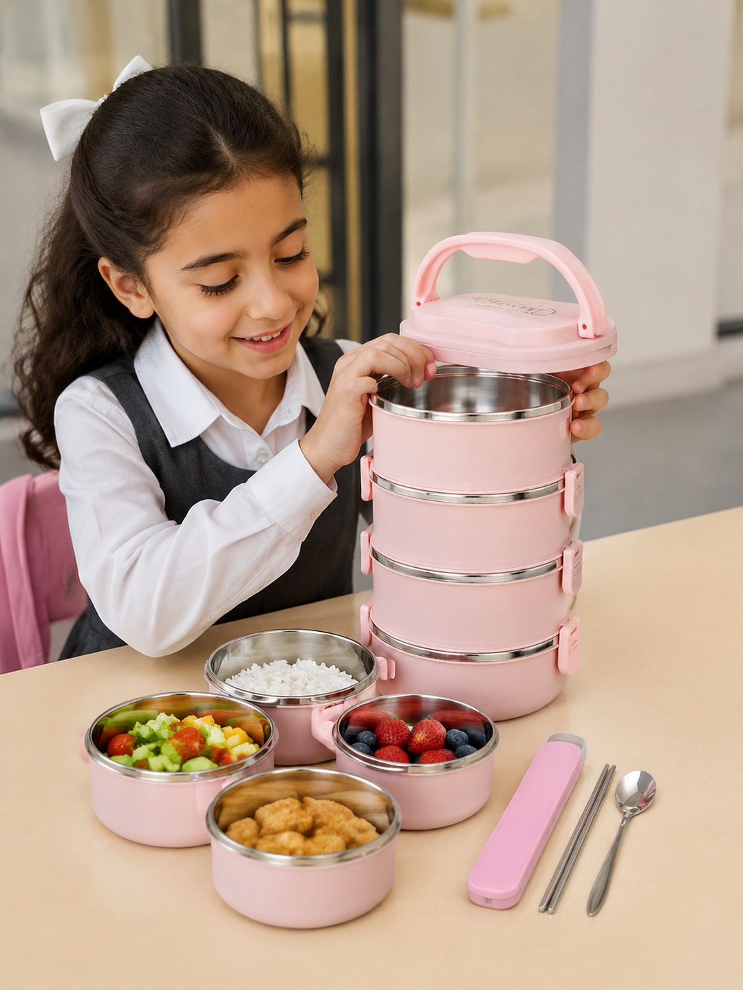 Pink 5-Tier Stainless Steel Bento Lunch Box with Spoon and Chopsticks