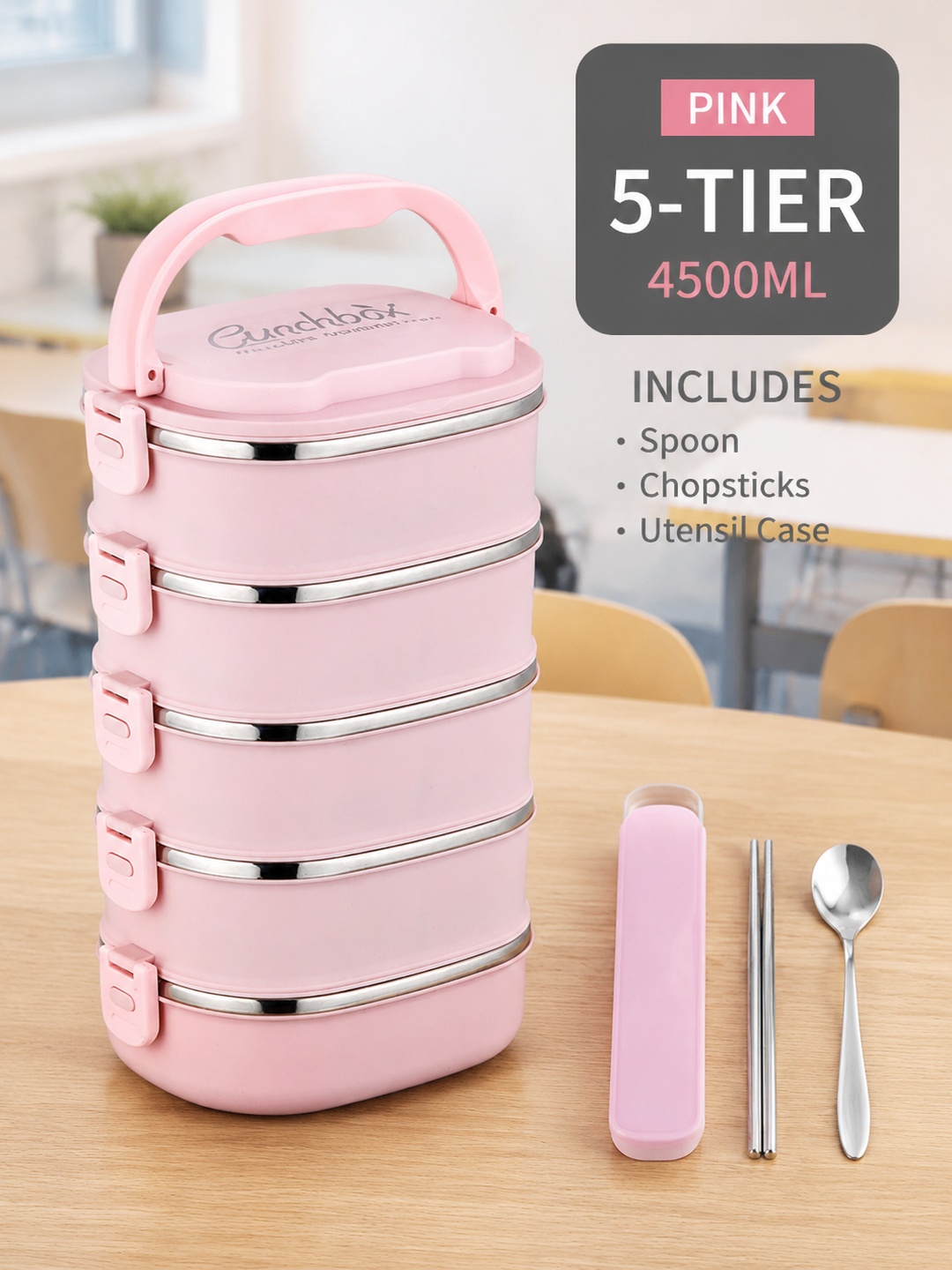 Pink 5-Tier Stainless Steel Bento Lunch Box with Spoon and Chopsticks