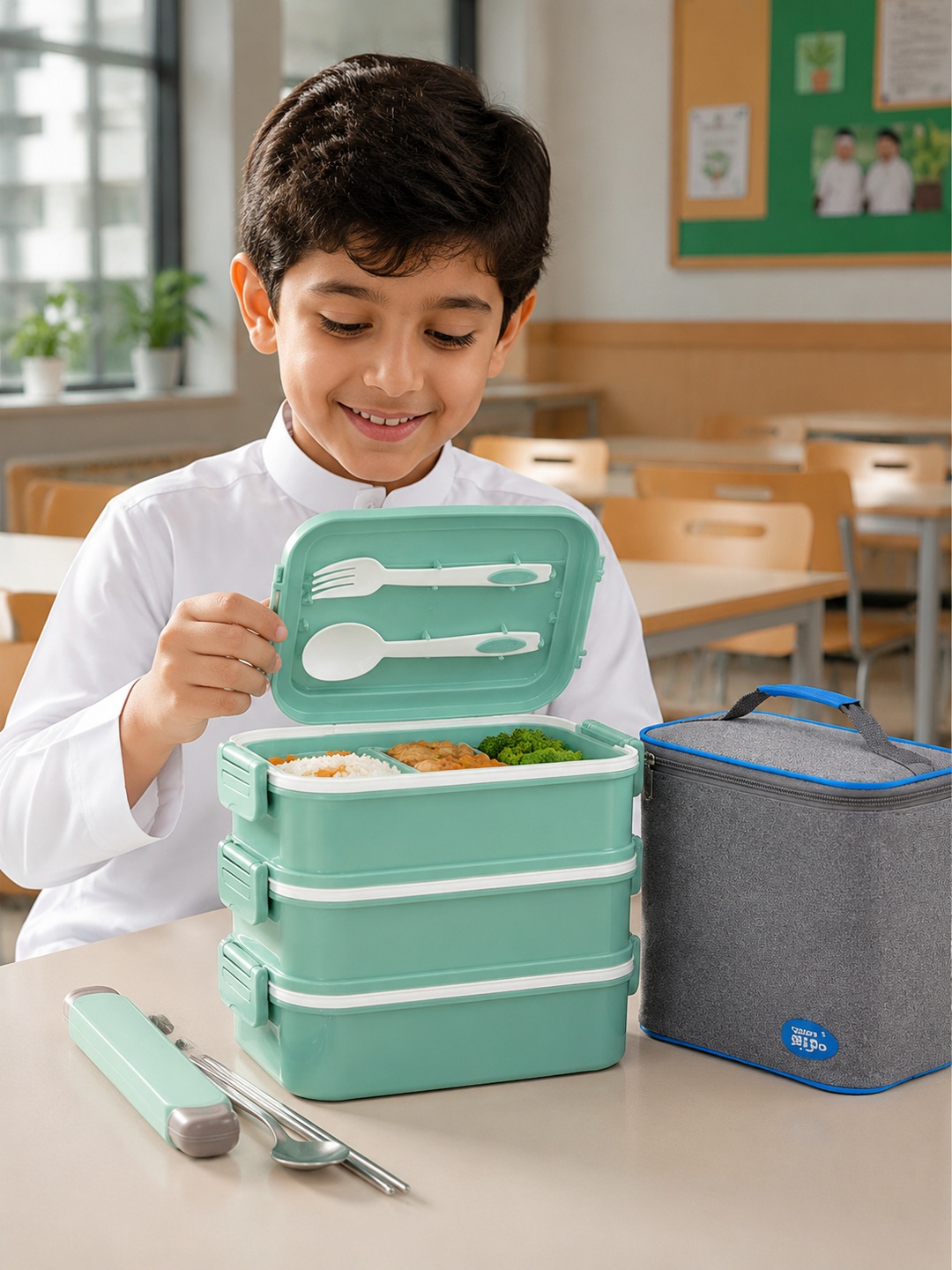Green 3-Tier 2700ml Lunch Box with Utensils and Insulated Bag