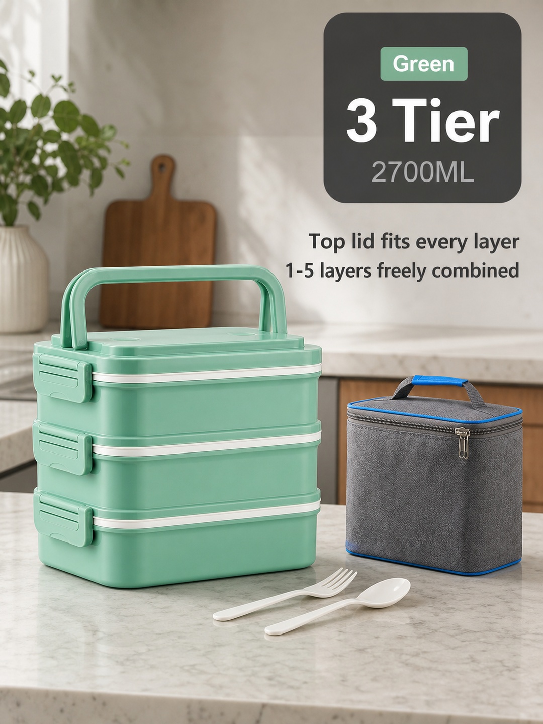 Green 3-Tier 2700ml Lunch Box with Utensils and Insulated Bag