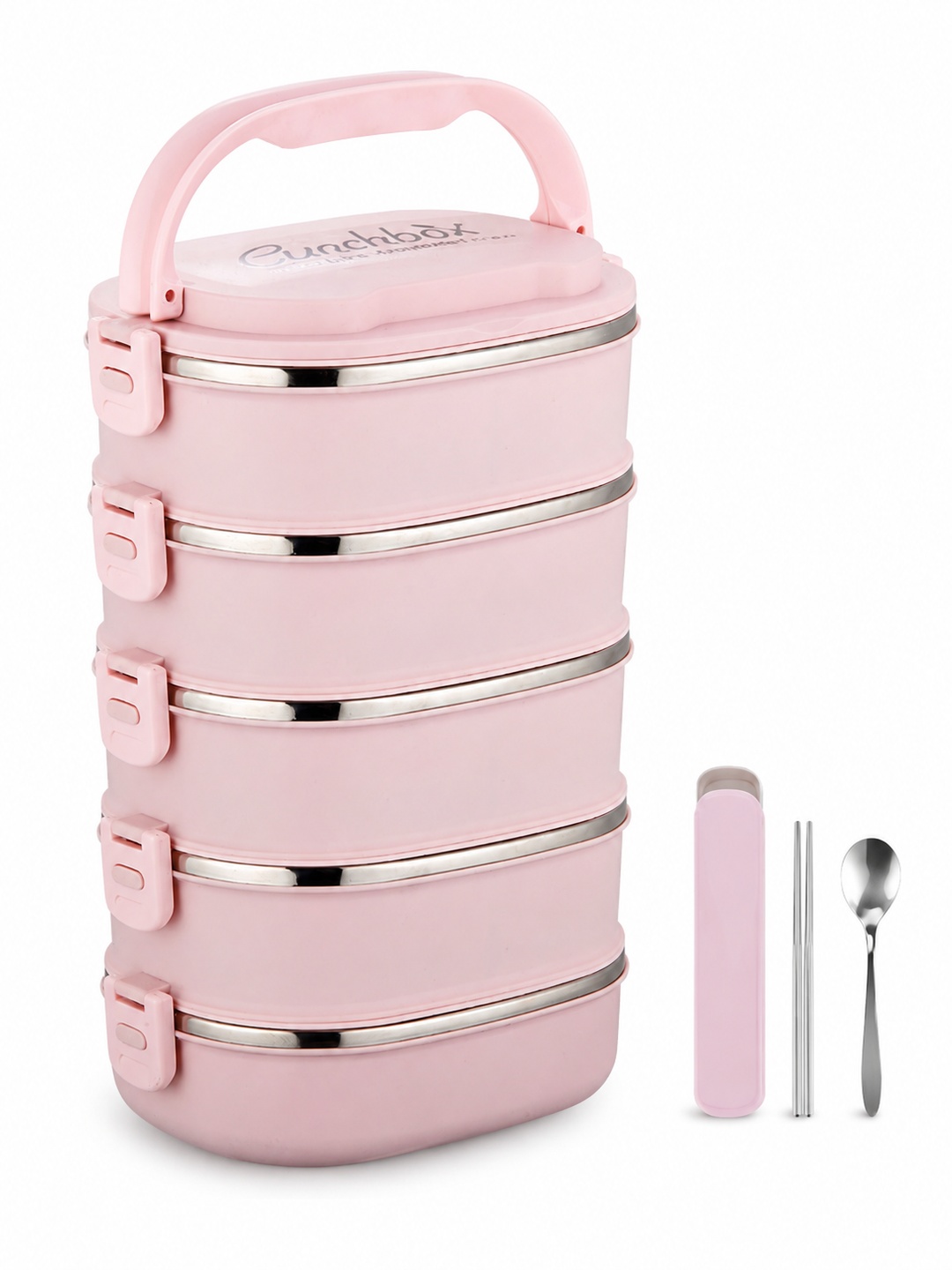 Pink 5-Tier Stainless Steel Insulated Bento Lunch Box Set