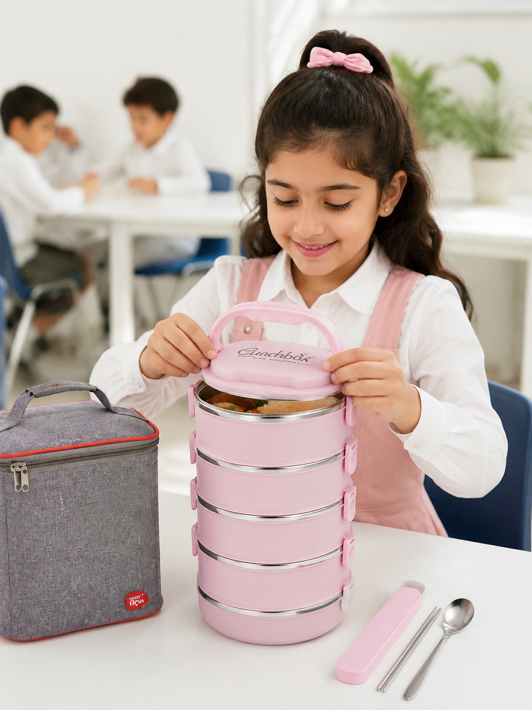 Pink 5-Tier Stainless Steel Insulated Bento Lunch Box Set