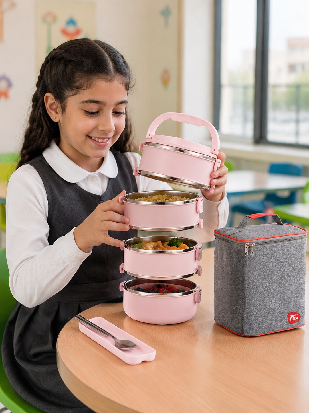 Pink 5-Tier Stainless Steel Insulated Bento Lunch Box Set