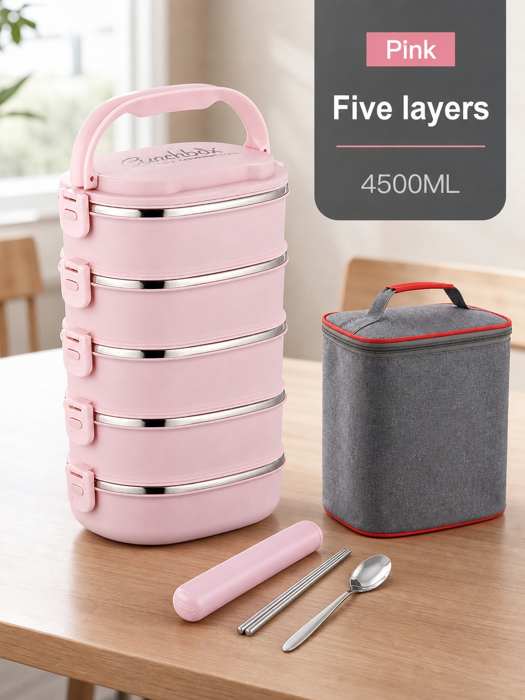 Pink 5-Tier Stainless Steel Insulated Bento Lunch Box Set