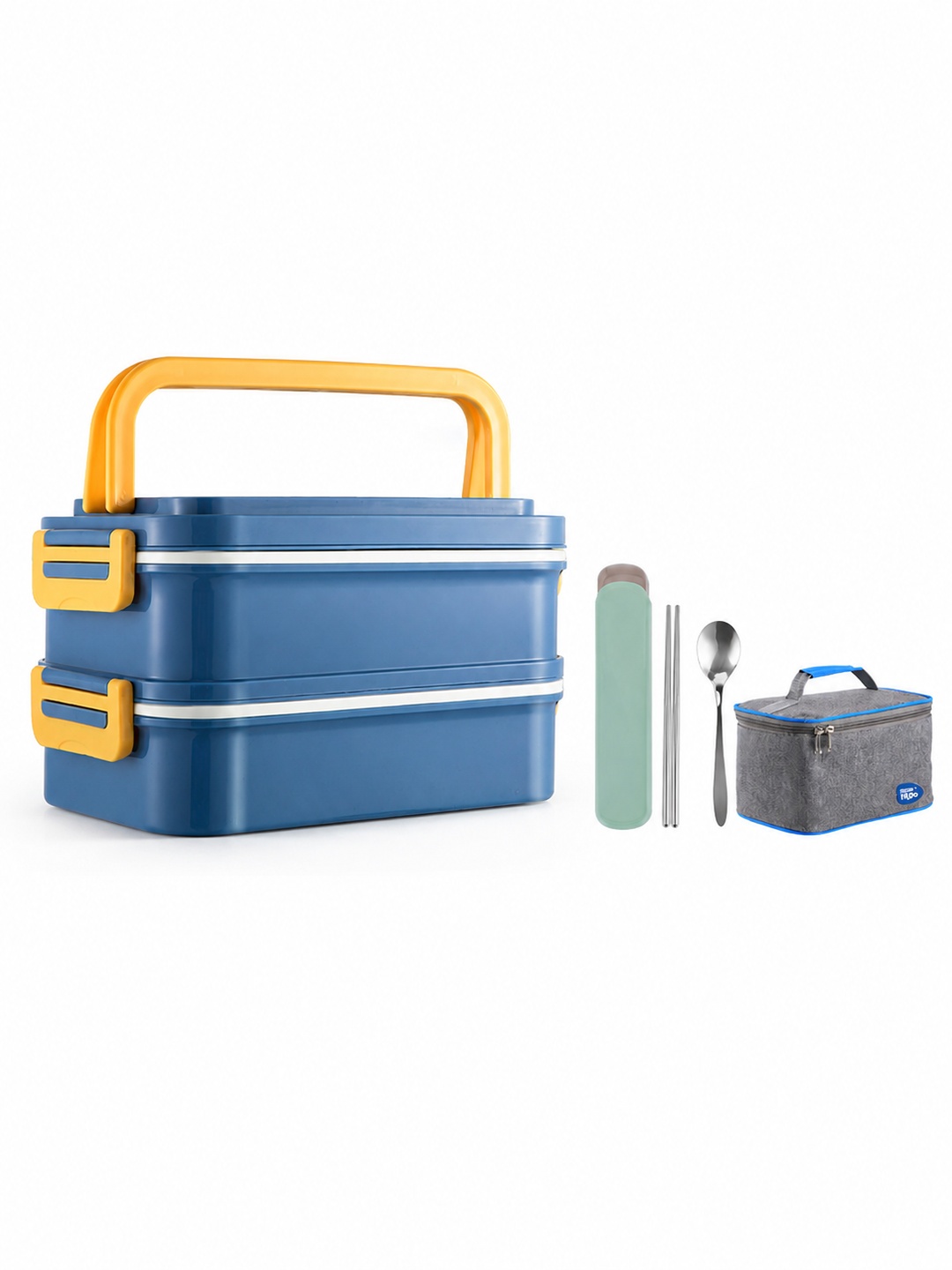 Blue Two-Tier 1650ml Lunch Box with Cutlery and Insulated Bag