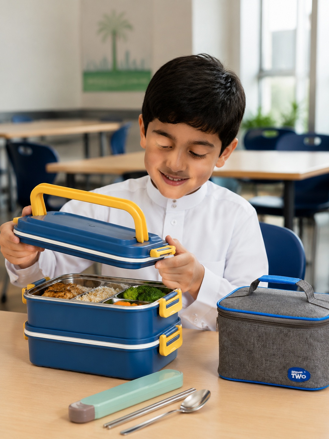 Blue Two-Tier 1650ml Lunch Box with Cutlery and Insulated Bag