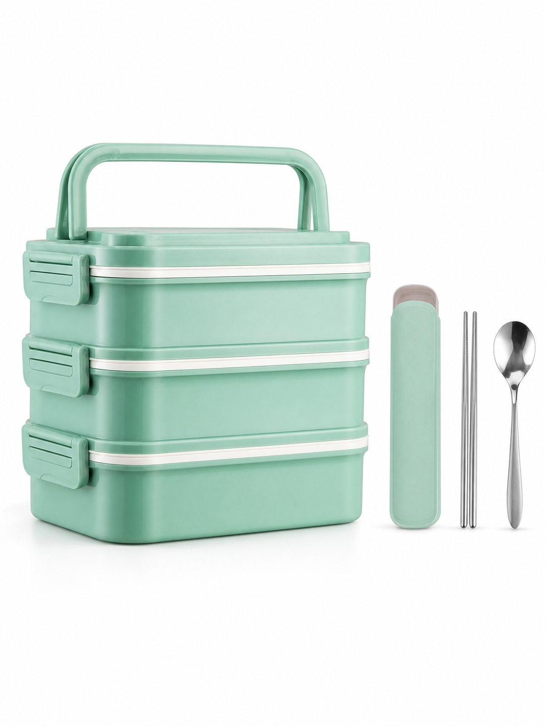 Green 3-Tier 2700ml Lunch Box with Handle, Spoon and Chopsticks
