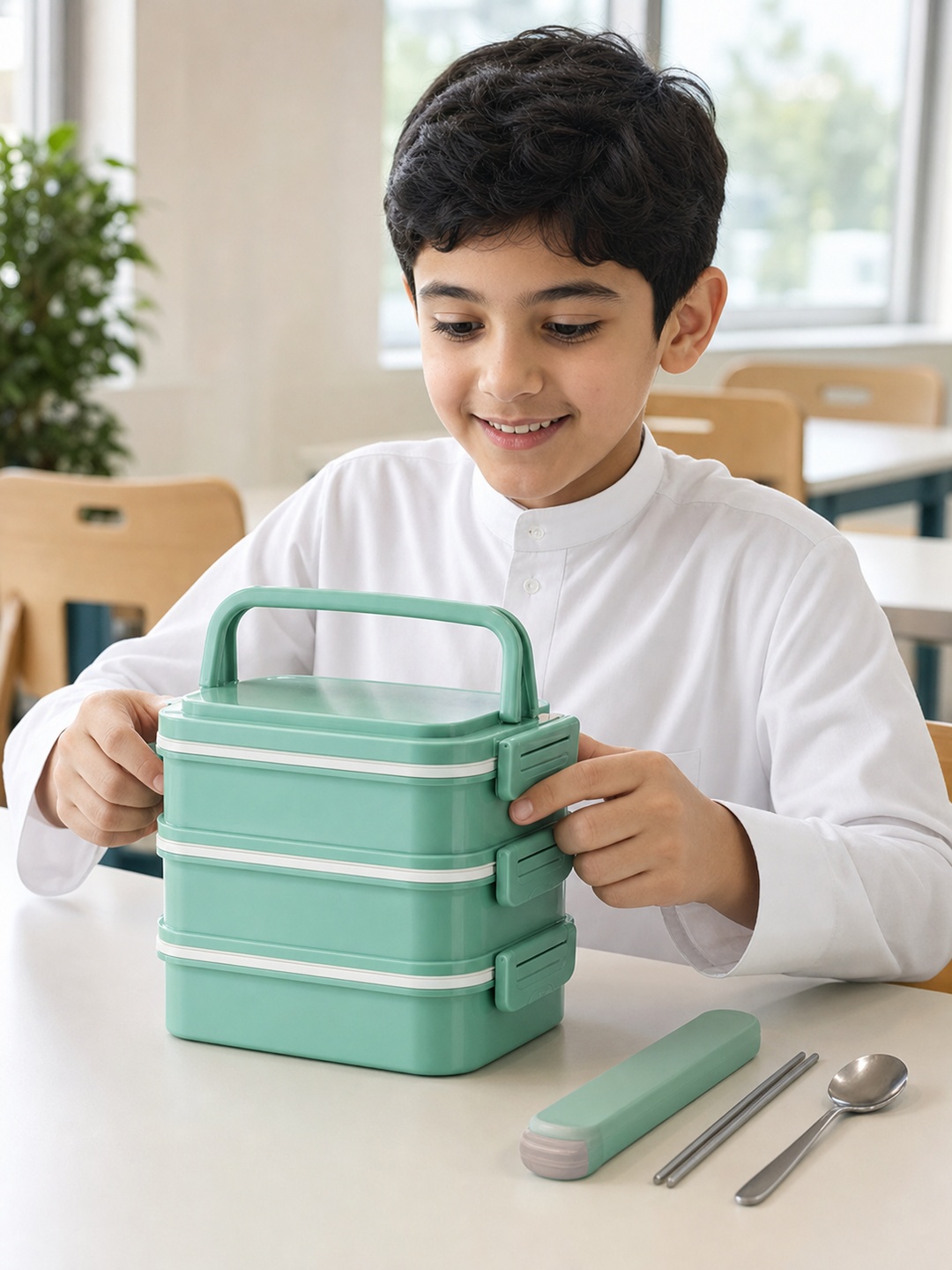 Green 3-Tier 2700ml Lunch Box with Handle, Spoon and Chopsticks