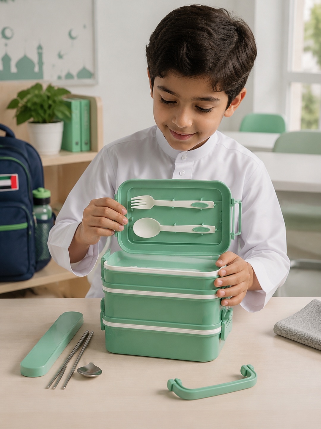 Green 3-Tier 2700ml Lunch Box with Handle, Spoon and Chopsticks