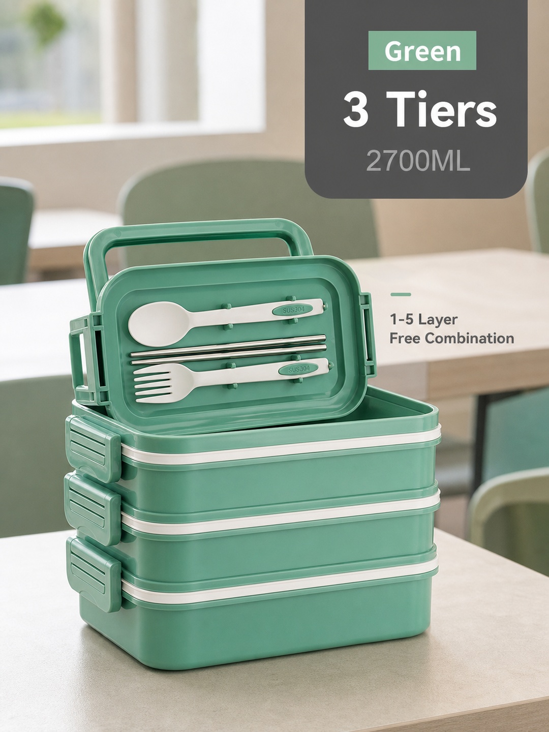 Green 3-Tier 2700ml Lunch Box with Handle, Spoon and Chopsticks