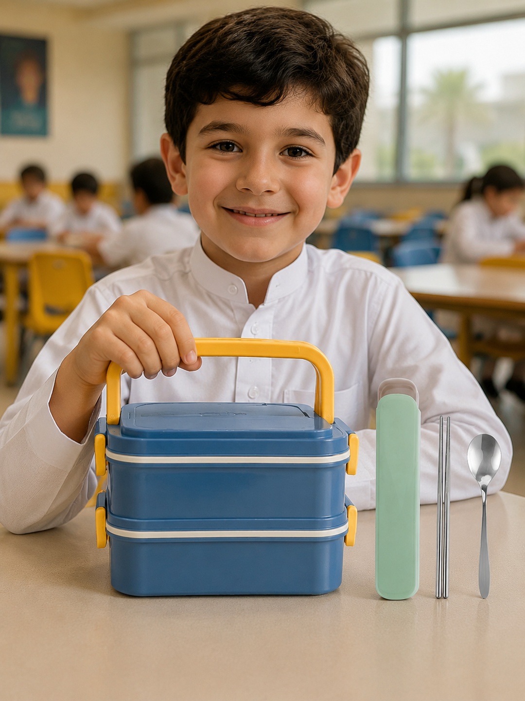 Blue 2-Tier 1650ml Lunch Box with Handle and Utensils