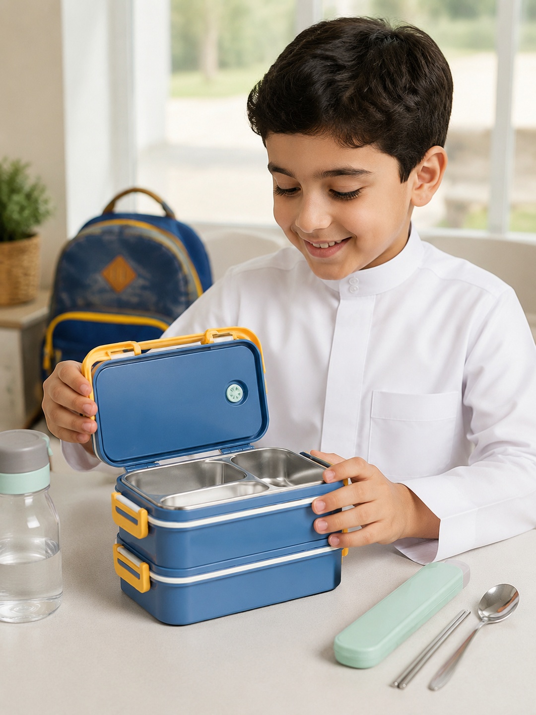Blue 2-Tier 1650ml Lunch Box with Handle and Utensils