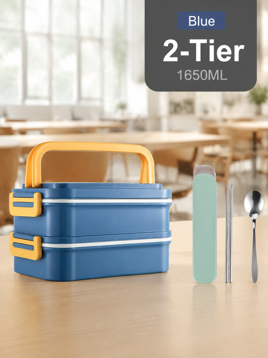 Blue 2-Tier 1650ml Lunch Box with Handle and Utensils