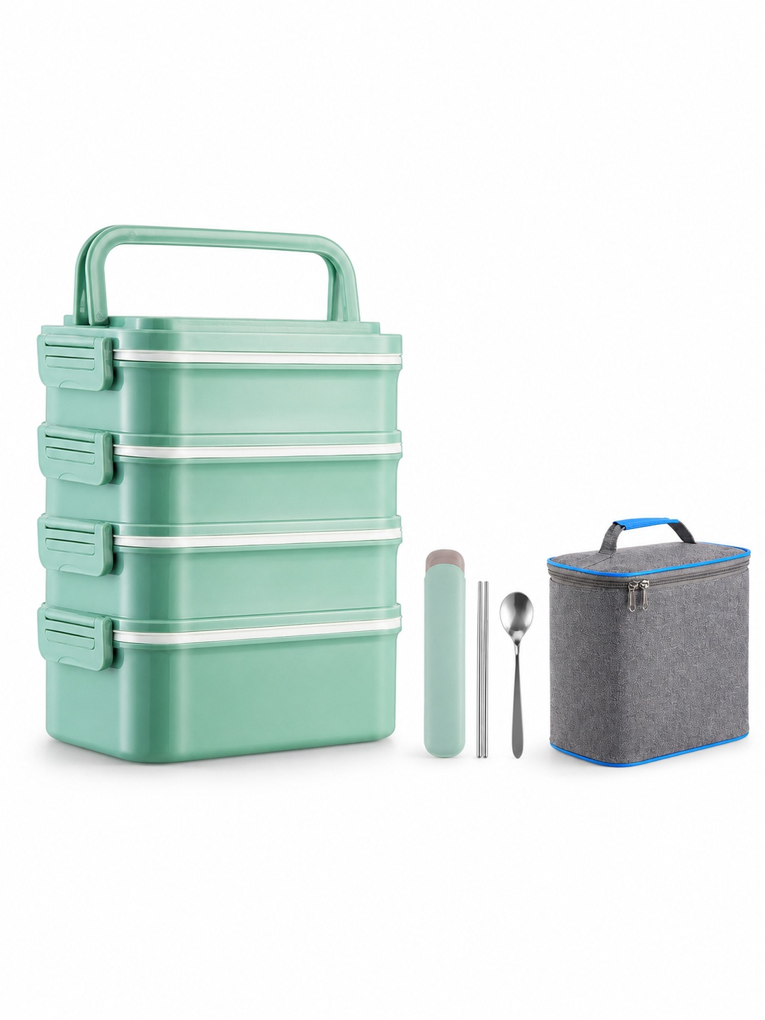 Green 4-Tier 3600ml Lunch Box with Utensils and Insulated Bag