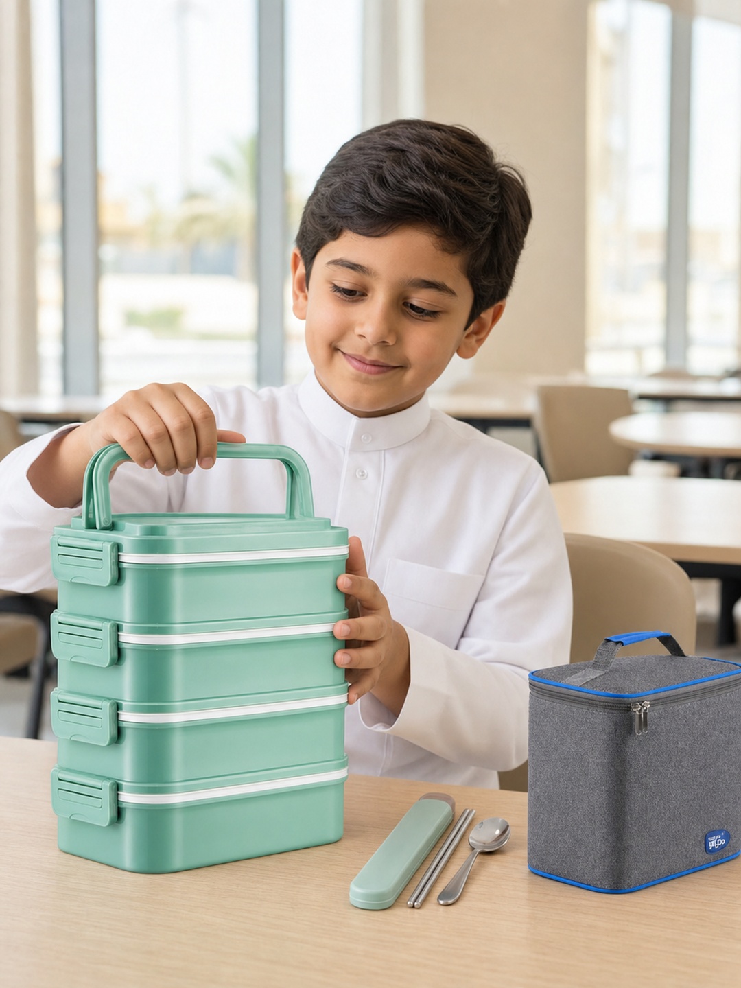 Green 4-Tier 3600ml Lunch Box with Utensils and Insulated Bag