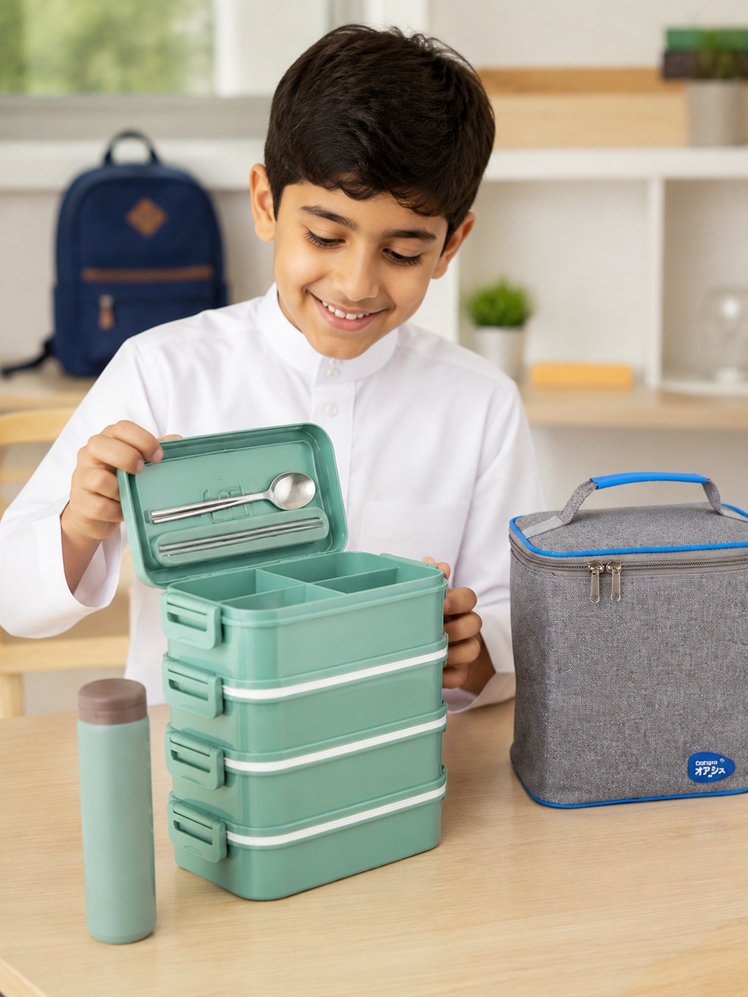 Green 4-Tier 3600ml Lunch Box with Utensils and Insulated Bag