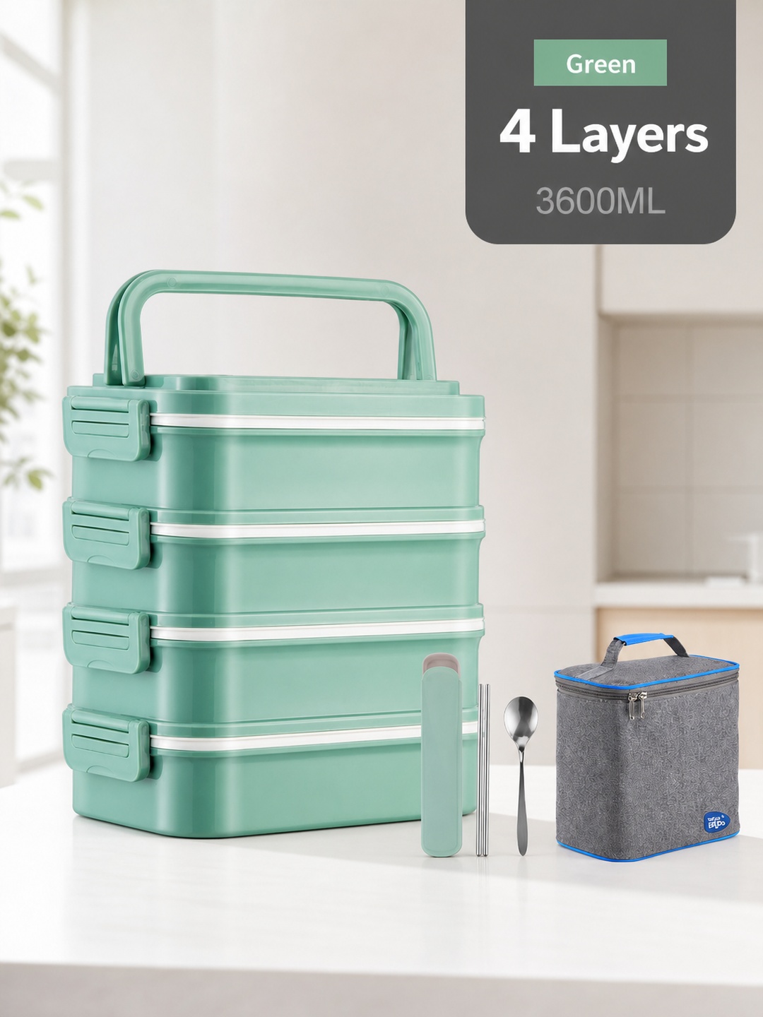 Green 4-Tier 3600ml Lunch Box with Utensils and Insulated Bag
