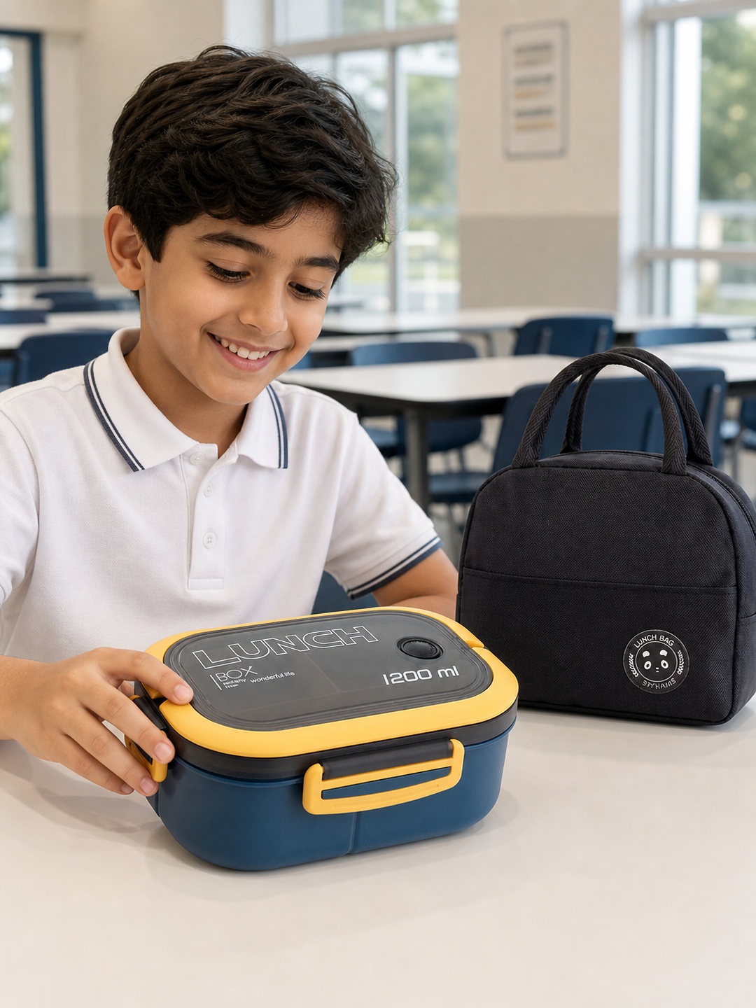 Blue and Yellow 1200ml Plastic Lunch Box with Insulated Bag
