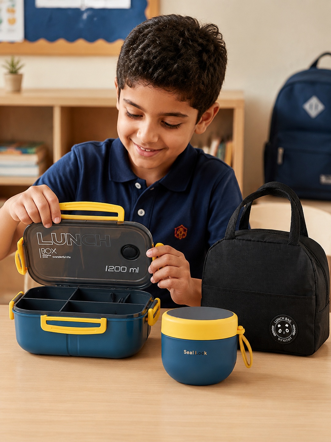 Blue and Yellow 1200ml Plastic Lunch Box with Insulated Bag